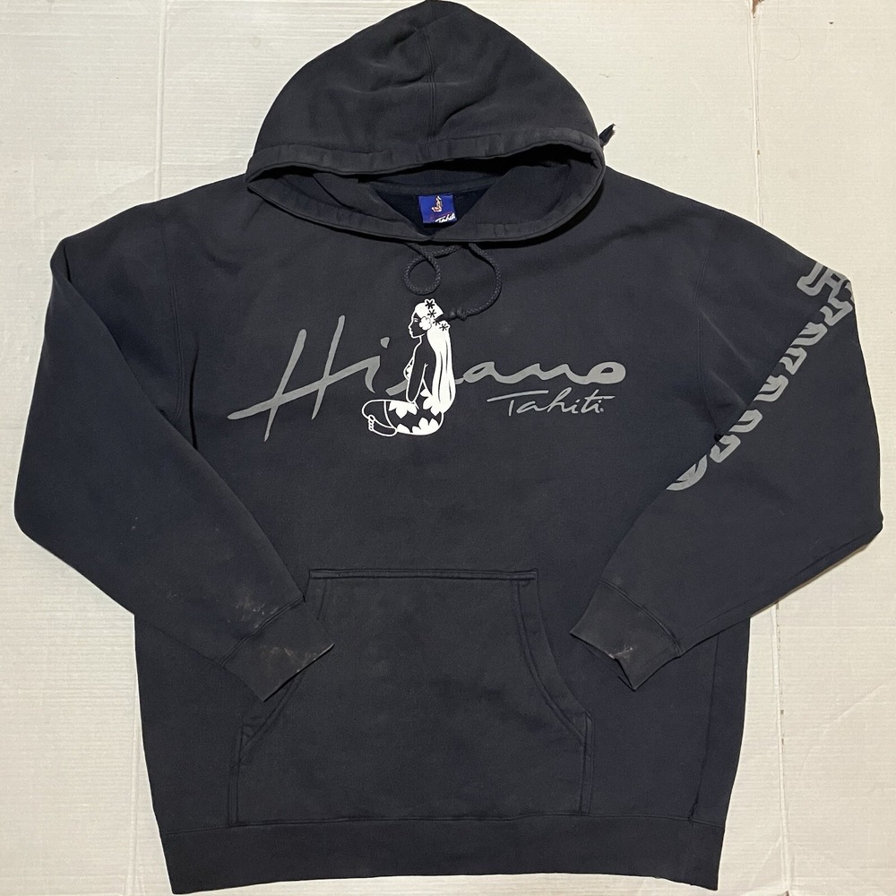 Vintage HINANO Tahiti Pullover Hoodie Mens Size Large Hawaiian Girl Navy Blue